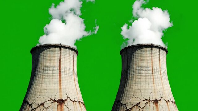 Two cooling towers emitting white smoke against a solid green background in a close up shot view