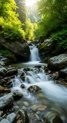 Cascading Waterfall Through Lush Green Forest - A Serene Escape.