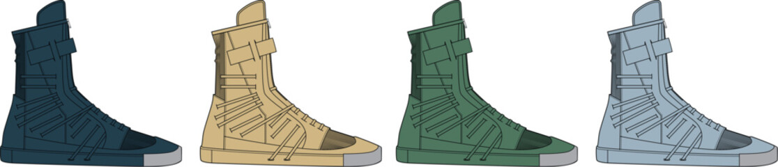 Collection of four high-top sneakers in varying shades of blue, beige, and green