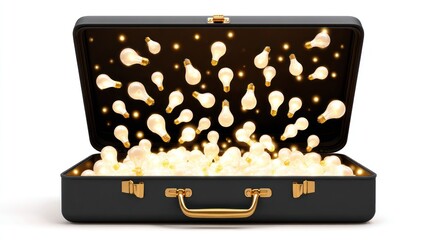 Open briefcase filled with glowing light bulbs