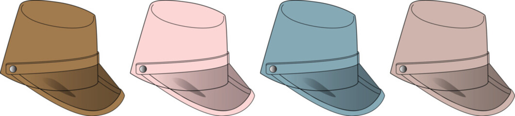 A stylish set of military-inspired cadet caps in a variety of colors. A collection of fashion accessories isolated on a white background