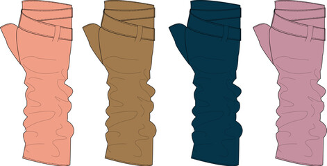 Set of four fingerless gloves in different colors peach, brown, navy blue, and pink