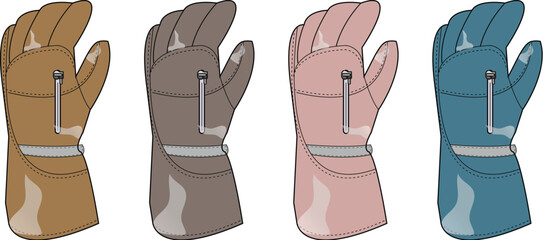 Set of four illustrated protective gauntlet gloves in a variety of colors, isolated on a white background. Concept of uniform options or workwear customization