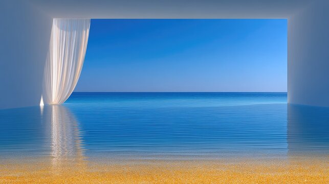Tropical beach scene with golden light filtering through an opening onto a sandy shore and bright blue ocean water reflecting the clear sky