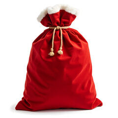 Festive red Santa bag with rope tie against white backdrop, holiday spirit