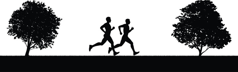 Silhouette runners outdoor exercise, fitness training nature background, healthy lifestyle jogging trees, companionship workout activity, athletic people running grass