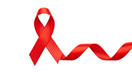 Red ribbon shines against black. Creates awareness for HIV. Ideal for posters, social media, or print campaigns.