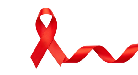 Red ribbon shines against black. Creates awareness for HIV. Ideal for posters, social media, or print campaigns.