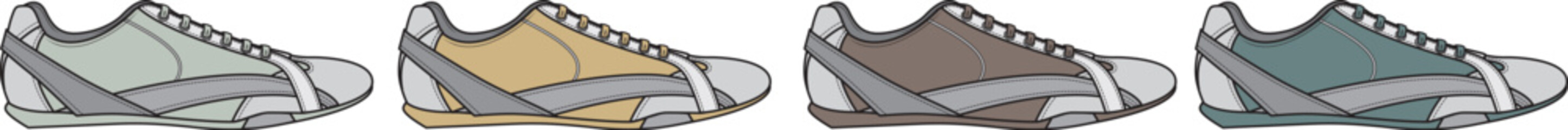 Four color variations of sport shoes, casual footwear designs for running and everyday wear, modern shoe