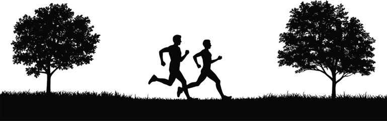 Silhouette runners outdoor fitness scene, healthy lifestyle exercise illustration, nature trees landscape background, jogging people activity artwork, sports training graphi