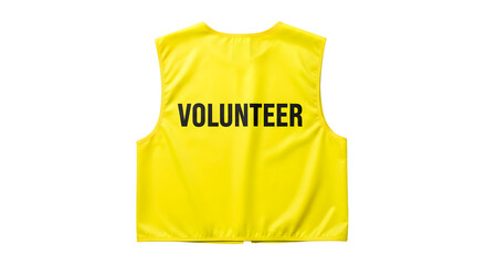 Yellow volunteer vest with 'VOLUNTEER' in black letters. Use for community service campaigns, posters or web banners. Isolated.