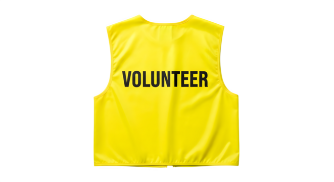 Yellow volunteer vest with 'VOLUNTEER' in black letters. Use for community service campaigns, posters or web banners. Isolated.