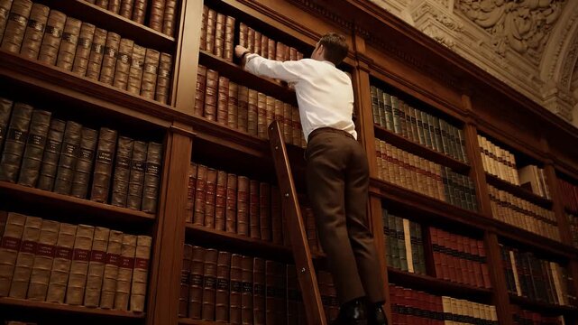 Man climbing ladder researching old books in historic library archive