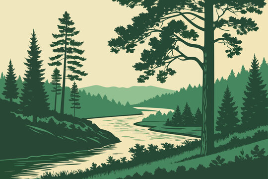 “Mark Twain National Forest with river and pine silhouettes, rustic vector”