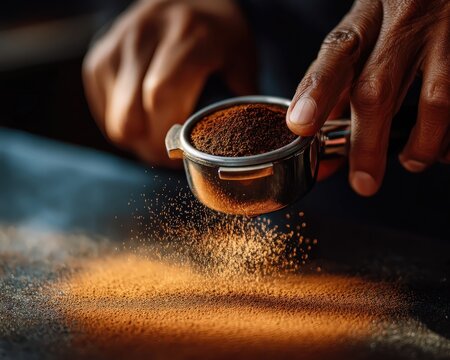 Una mano sosteniendo un portafiltro lleno de caf&eacute; molido, con una nube de polvo de caf&eacute; flotando en el aire.