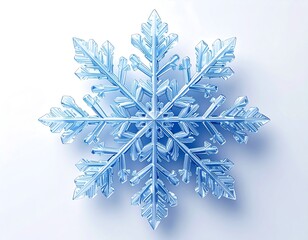 Close-up of a perfectly formed, crystalline snowflake, displaying intricate details against a white backdrop