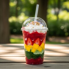Colorful layered fruit smoothie drink.