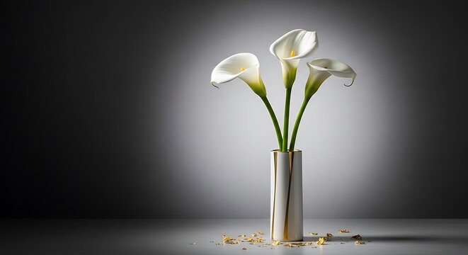 Elegant White Calla Lilies in a Silver Vase on Dark Background.
