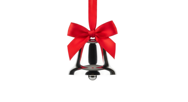 Silver bell shines with red ribbon on black; evokes Christmas, holidays, branding, posters.