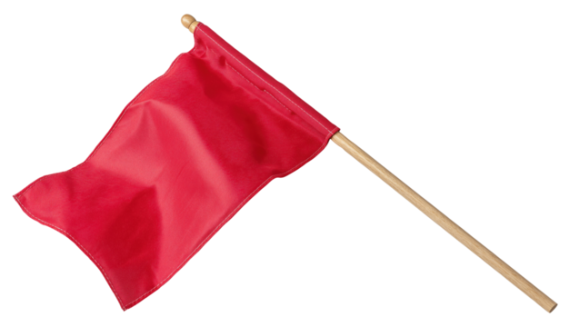 Red flag on a wooden stick, isolated on transparent background