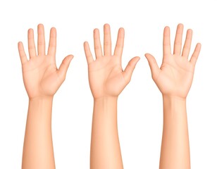 Three human arms, palms facing forward. Light skin, white background