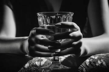 Manos sosteniendo una copa de vino espumoso en una noche elegante.