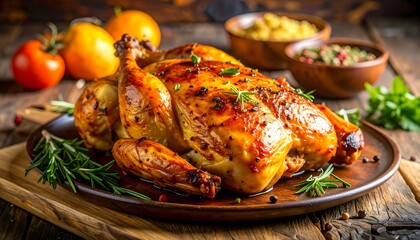 A roasted poultry dish, presented on a wooden platter alongside herbs and condiments. Garnished with rosemary sprigs. Background features vegetables