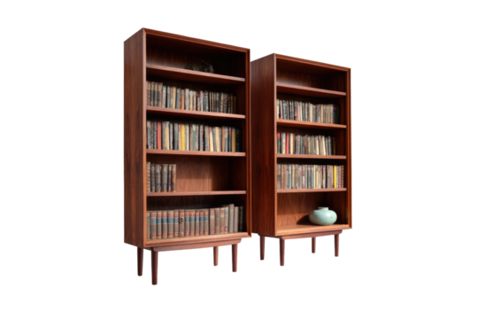 Two wooden bookcases, filled with books