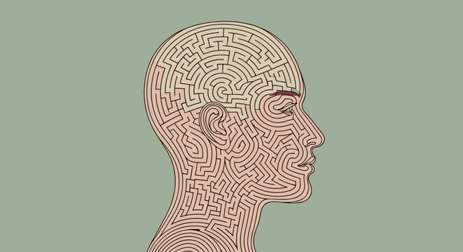 Surreal vector illustration of a human head in profile, with a complex, intricate maze inside, minimal line art, conceptual artwork, on a muted pastel background, representing psychology, overthinking