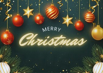 Green and Gold Modern Merry Christmas Double Sided Poster Landscape, Christmas greeting card, A beautiful New Year's card. It has red Christmas tree balls. "Merry Christmas" is written in gold

