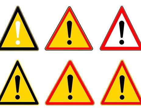 Six equilateral triangle signs, with exclamation marks, on a white background