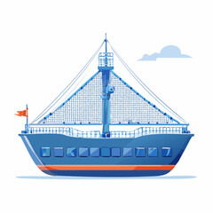Blue passenger ship with orange stripe