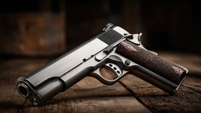 Polished handgun with wood grip on rough wooden surface, with dark background