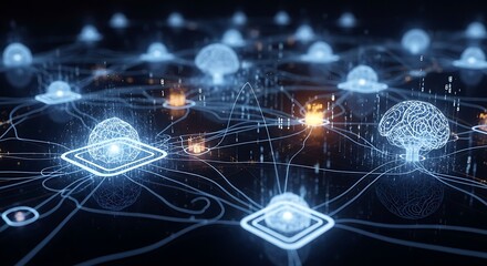 Artificial Intelligence Network - Brains Connected in a Digital World.