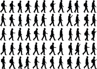 Walking silhouette collection, human motion, black figures, gait study, animation asset, posture variation, biometric design, digital illustration, movement pattern