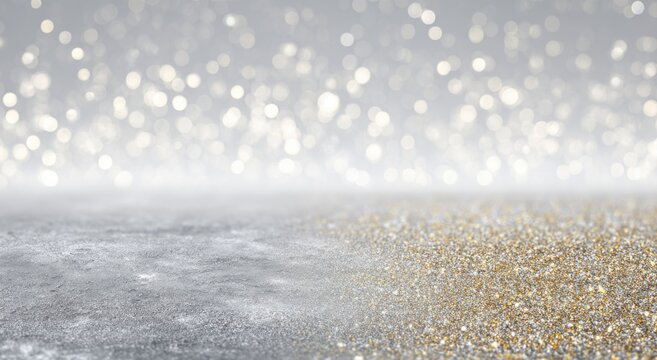 Elegant luxury background with gold and silver glitter particles sparkling on gray gradient surface creating sophisticated wedding or premium event atmosphere with soft bokeh lighting.