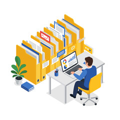 A man is working at a desk with a laptop and many folders organized on a shelf.