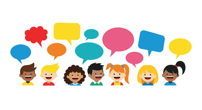 Colorful speech bubbles float above a diverse group of smiling children, symbolizing communication, interaction, and sharing ideas. - Powered by Adobe