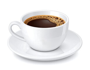 White coffee cup filled with dark liquid and saucer, white background