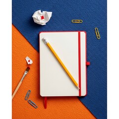 Creative Workspace - Notebook, Pencil, and Art Supplies on Colorful Background.