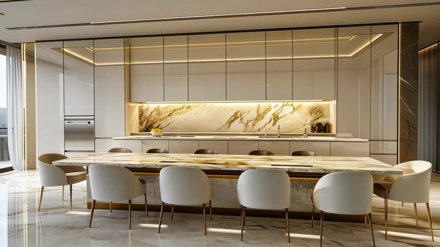 Elegant kitchen with marble accents, modern design, illuminated countertops, and a luxurious dining area