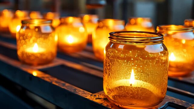 A warm, focused shot showcasing lit candles in glass jars resting on a metallic grid