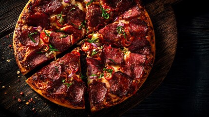A sliced pepperoni pizza with red peppers and herbs on a dark wooden board ready to be served now