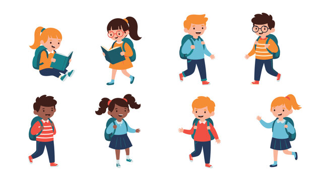 Diverse group of happy cartoon children with school backpacks, some walking and others reading, ready for learning and education.