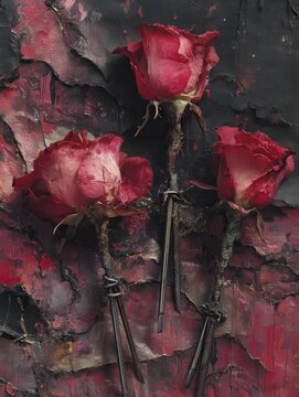Tres rosas rojas marchitas emergen de una superficie texturizada y desgastada, simbolizando la belleza ef&iacute;mera y la decadencia.