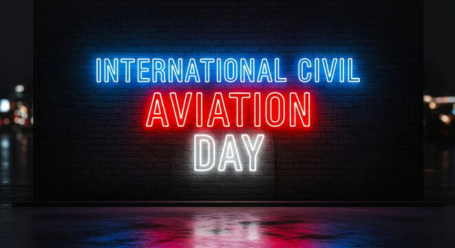 - International Civil Aviation Day neon sign, aviation awareness graphic, ICAO celebration illustration
- Neon typography for aviation day, glowing civil aviation tribute, global air travel awareness 
