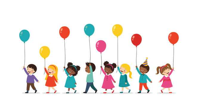 A diverse group of happy children joyfully walks in a line, each holding a colorful balloon, ready for a celebration.