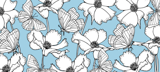 Cosmia flowers and butterflies thin lines floral art. Botanical background, poster or wall decoration