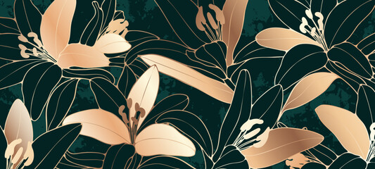 Luxury gold floral background vector. Golden gradient lily flowers line art wallpaper design for prints, cover, wall arts, greeting card, wedding cards, invitation.