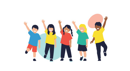 Fototapeta premium A diverse group of five happy children, smiling and waving cheerfully, standing together against a clean white background with abstract shapes.